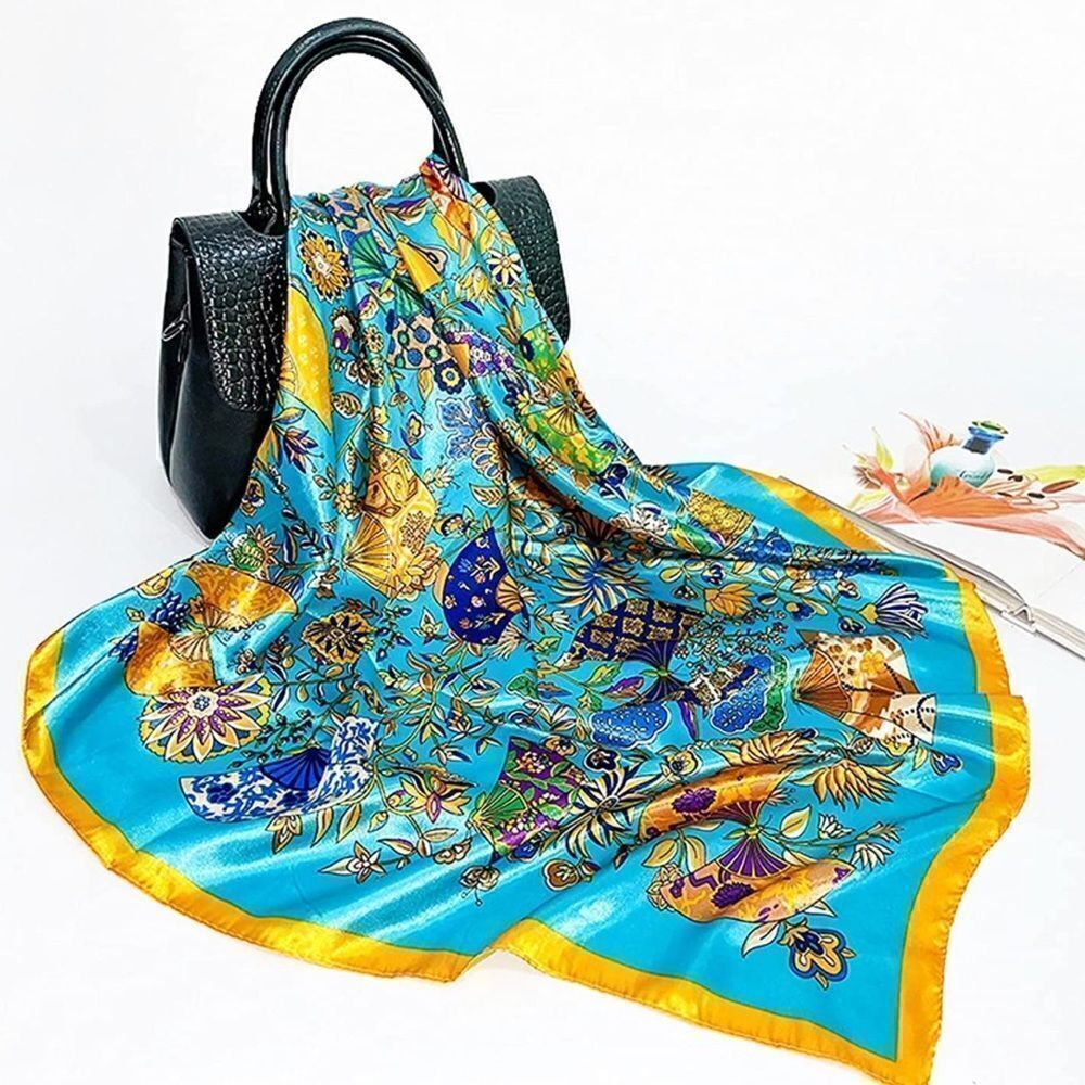 Bright Blue Patterned Silky Scarf - Picture 3 of 4